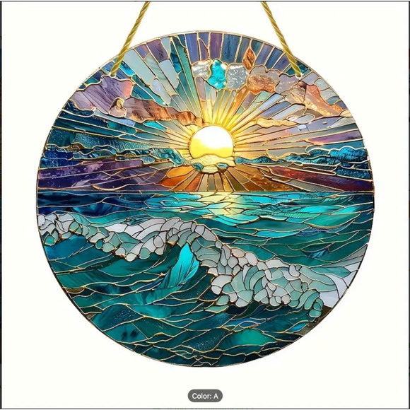Ocean Beach Lake Sunset Stained Glass Look Suncatcher - 8"x8" Great Gift - Picture 6 of 6